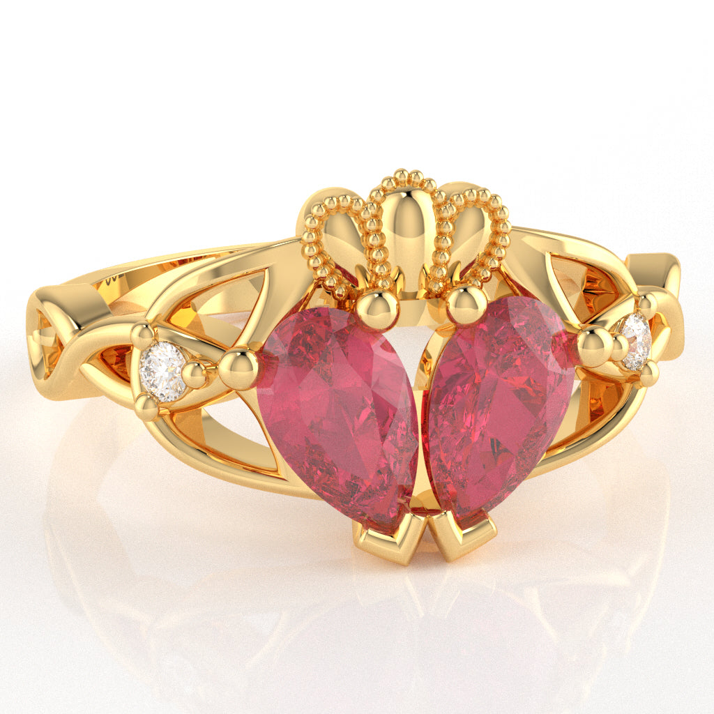 Pink Tourmaline Diamond Celtic Knot Heart Claddagh Ring In 10k Yellow Gold