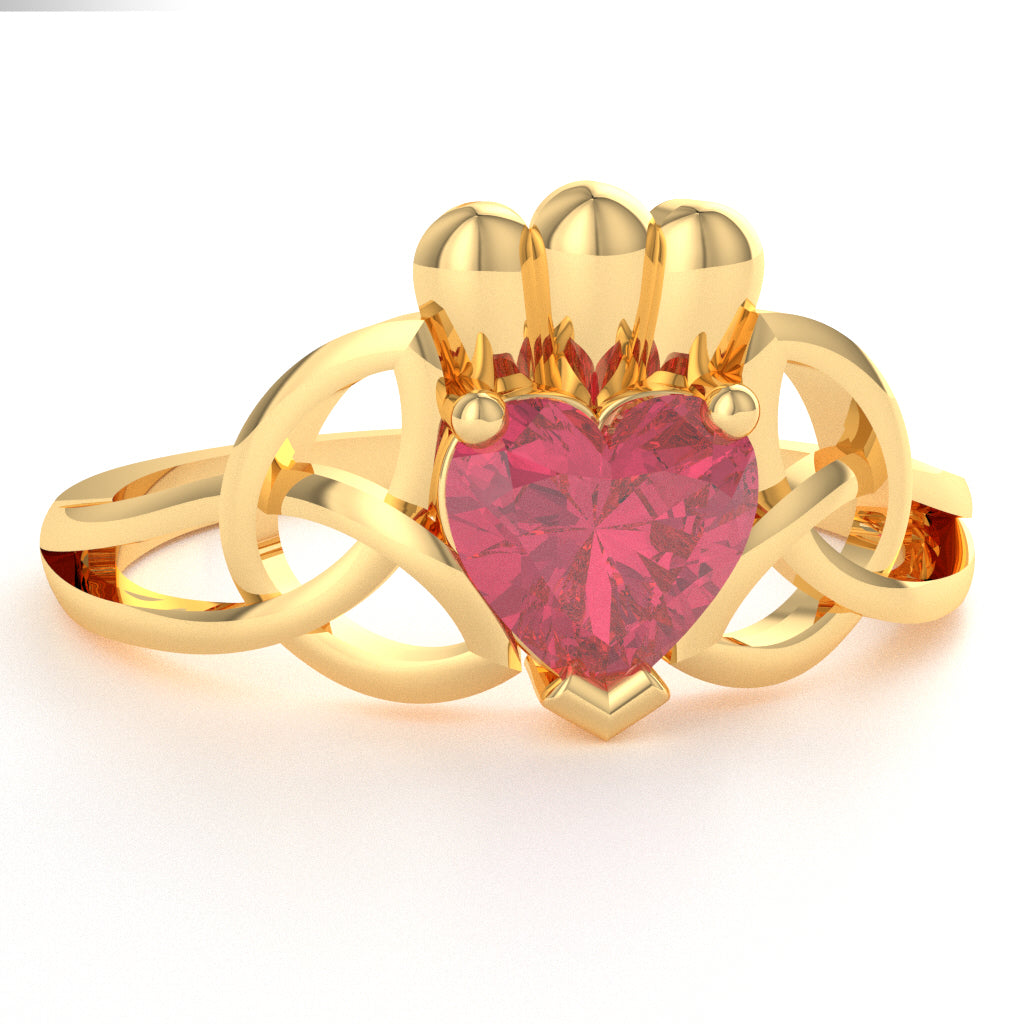 Celtic Trinity Knot Claddagh Pink Tourmaline Engagement Ring In 14k Yellow Gold