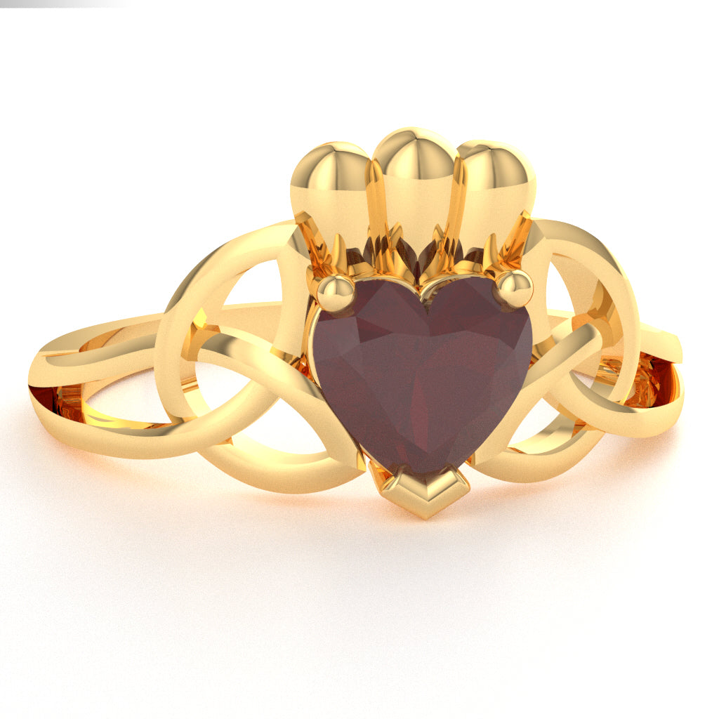 Celtic Trinity Knot Claddagh Ruby Engagement Ring In 14k Yellow Gold