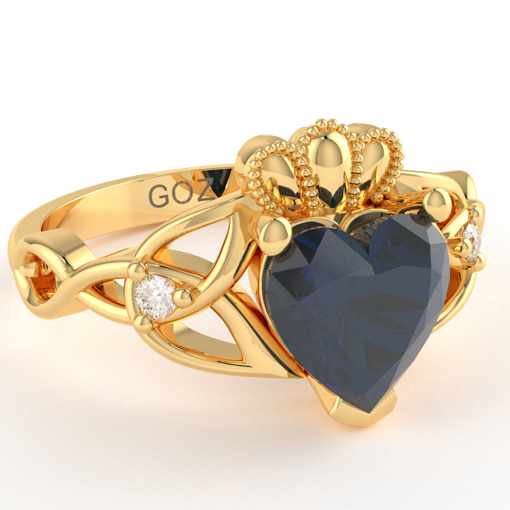 Celtic Trinity Knot Claddagh Heart Sapphire Diamond Ring In 10k Yellow Gold