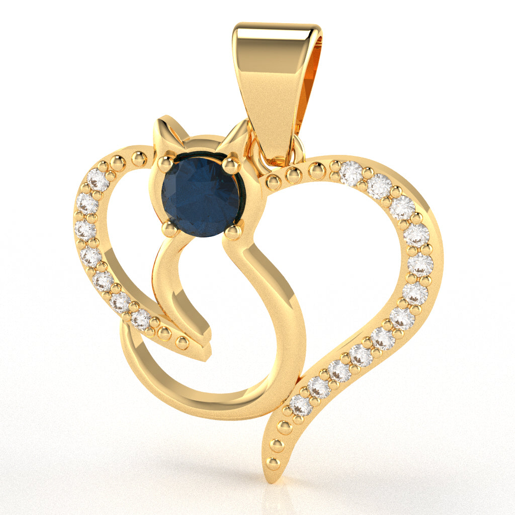 Lab-Created Sapphire Diamond  Cat Love Heart Pendant In 14k Yellow Gold