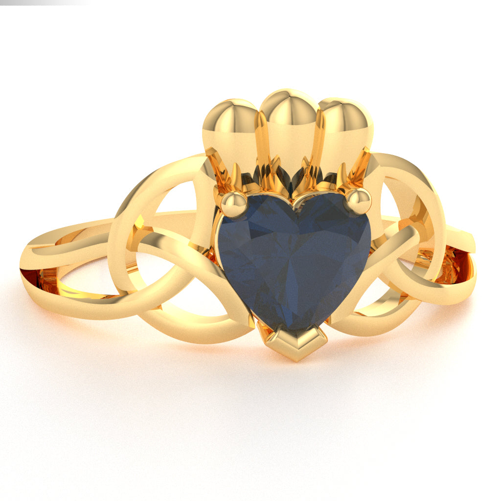 Celtic Trinity Knot Claddagh Sapphire Engagement Ring In 10k Yellow Gold