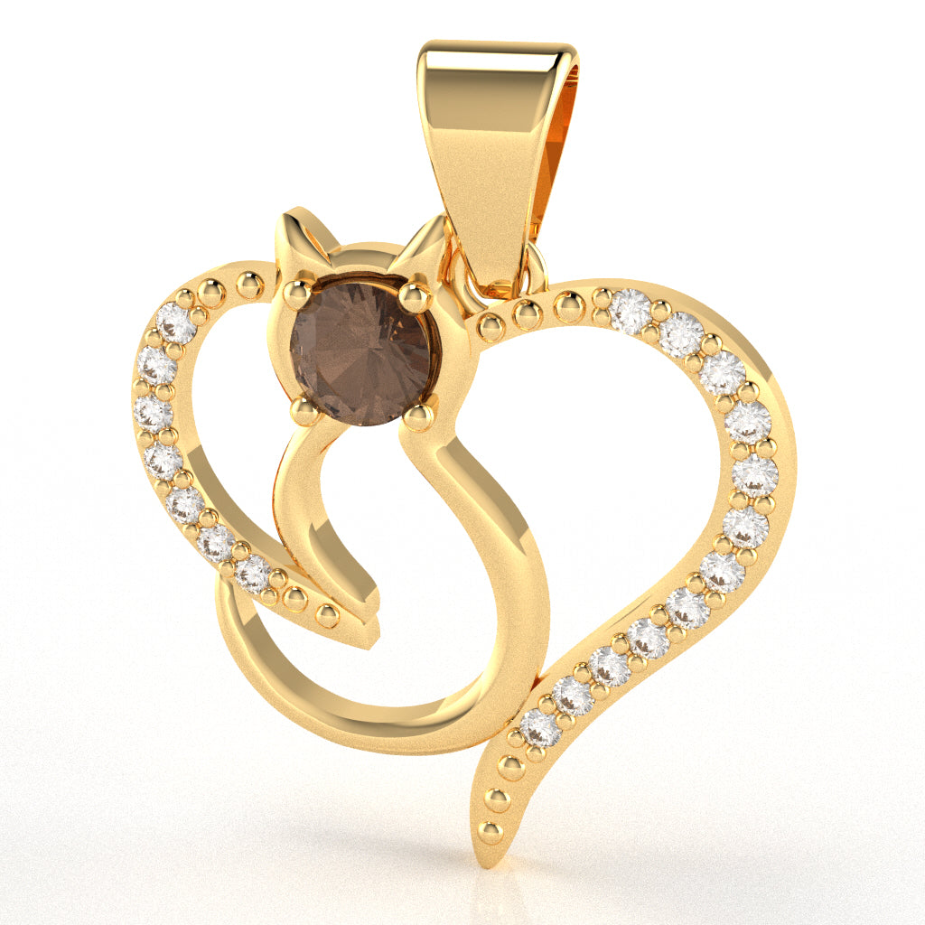 Smoky Quartz Diamond  Cat Love Heart Pendant In 10k Yellow Gold