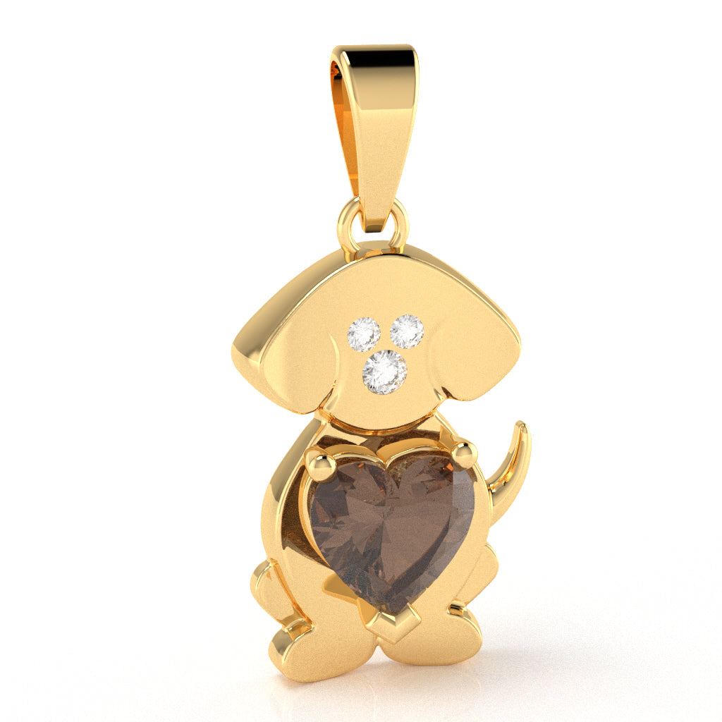 Smoky Quartz Diamond  Puppy Love Heart Pendant In 10k Yellow Gold