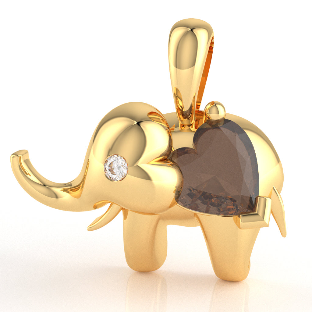 Smoky Quartz Diamond Elephant Heart Birthstone Pendant In 14k Yellow Gold