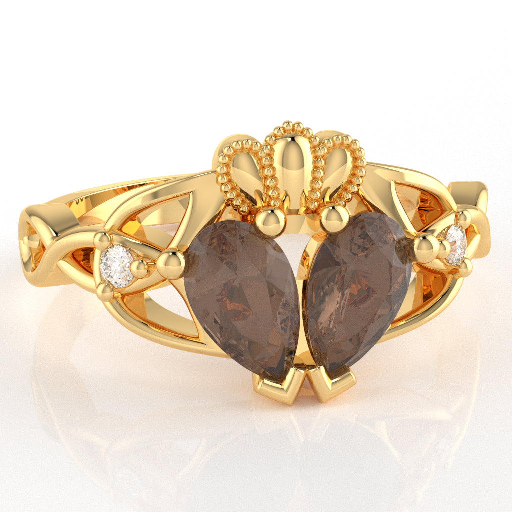 Smoky Quartz Diamond Celtic Knot Heart Claddagh Ring In 14k Yellow Gold