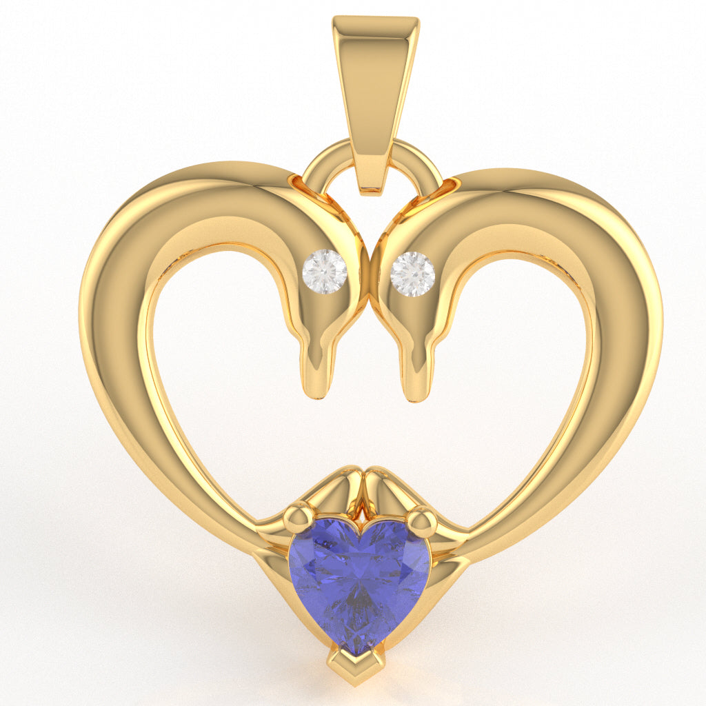 Tanzanite Diamond  2 Dolphins Heart Love Pendant In 14k Yellow Gold