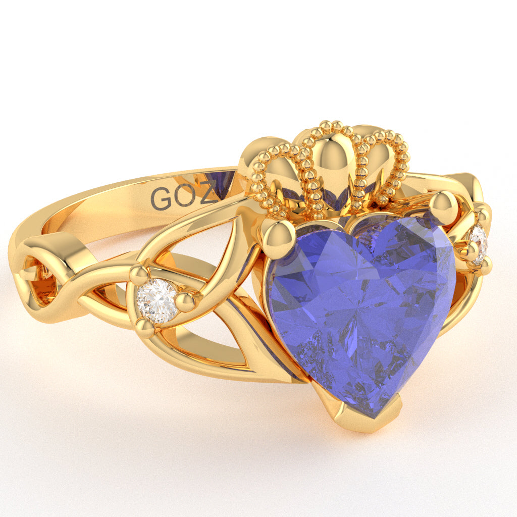 Celtic Trinity Knot Claddagh Heart Tanzanite Diamond Ring In 10k Yellow Gold
