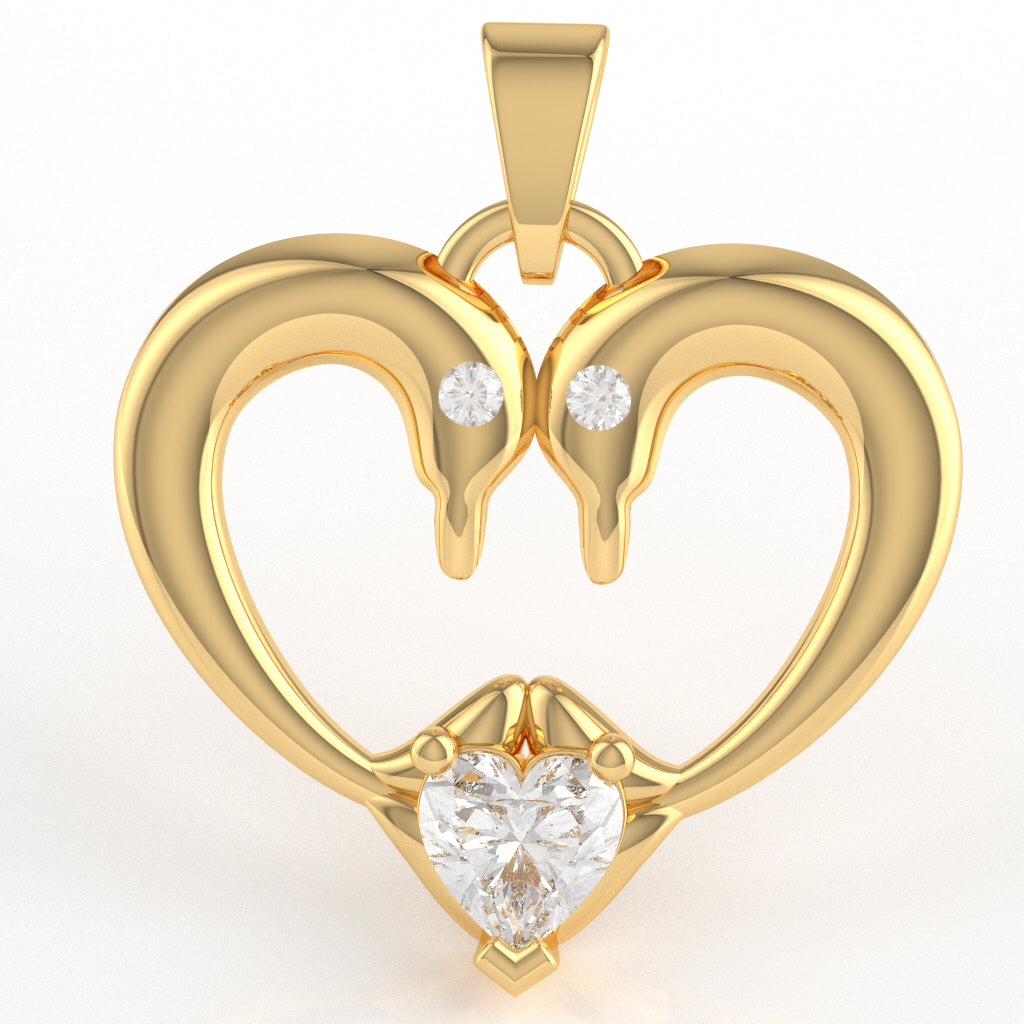 White Topaz Diamond  2 Dolphins Heart Love Pendant In 14k Yellow Gold