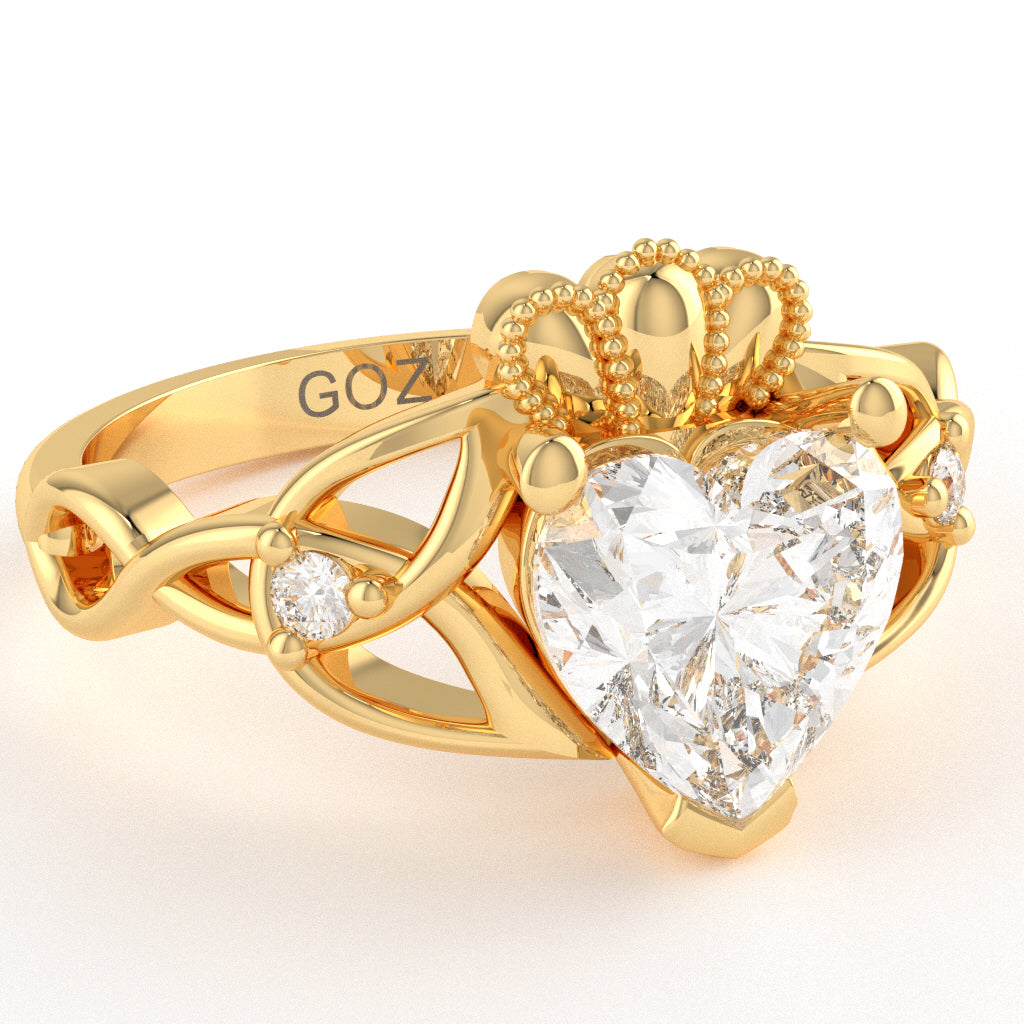 Celtic Trinity Knot Claddagh Heart White Topaz Diamond Ring In 14k Yellow Gold
