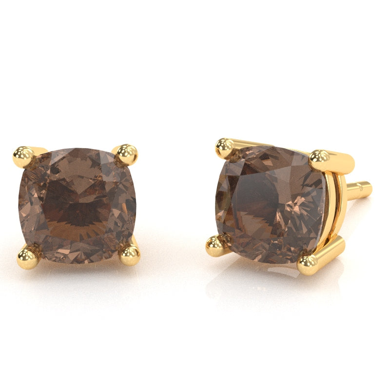 Smoky Quartz 6mm Cushion Stud Earrings in 14k Yellow Gold