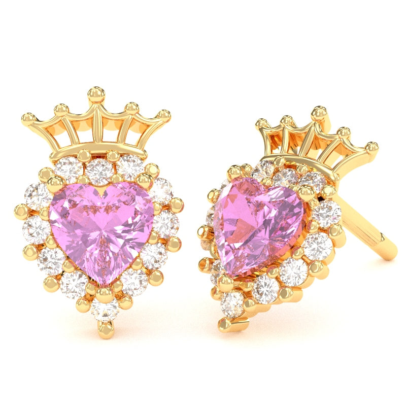 Lab-Created Pink Sapphire Diamond Claddagh Motive Stud Earrings in 14k Yellow Gold