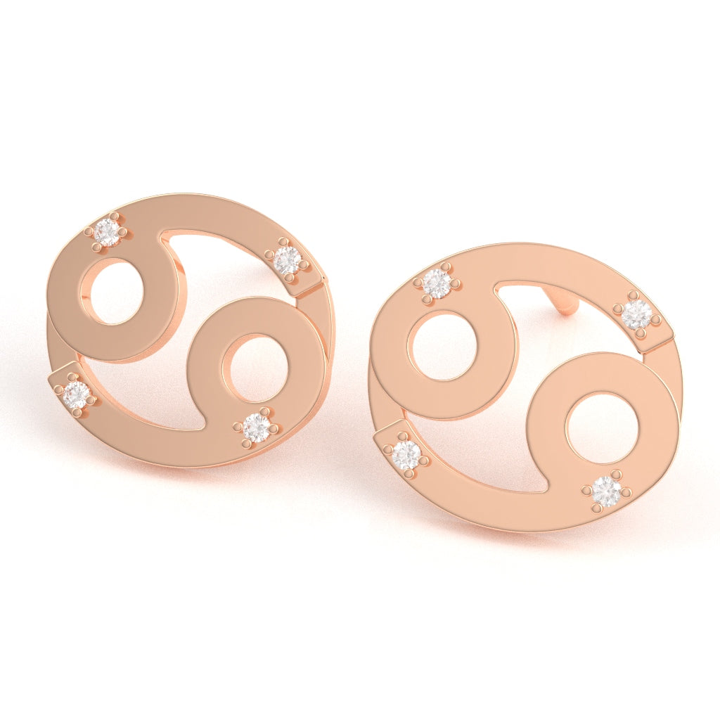 Cancer Zodiac Sign Diamond Stud Earrings In Solid 14k Rose Gold