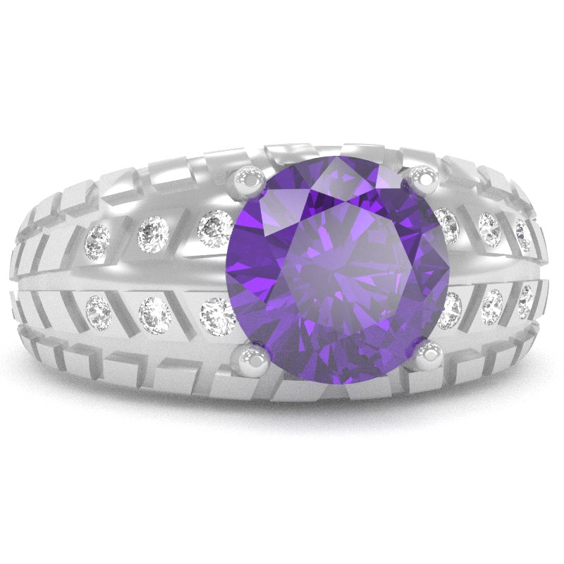 Men's Tire Tread Amethyst Diamond Ring In Solid 14k White Gold