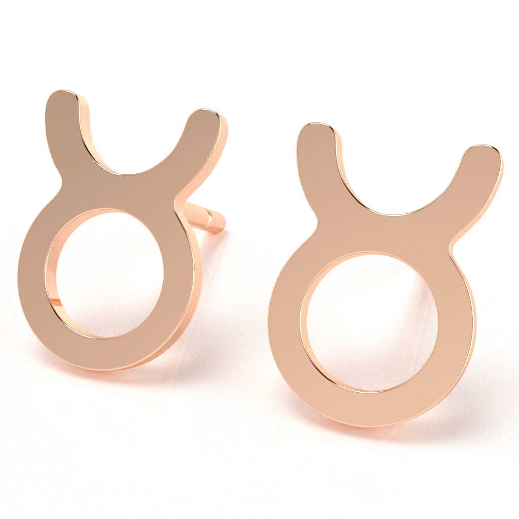 Taurus Zodiac Sign Stud Earrings In Solid 14K Rose Gold