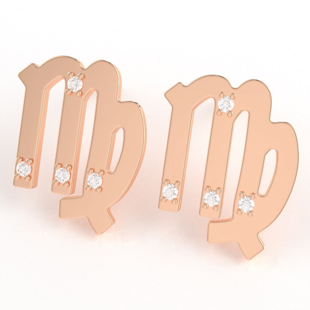 Virgo Zodiac Sign Diamond Stud Earrings In Solid 10K Rose Gold