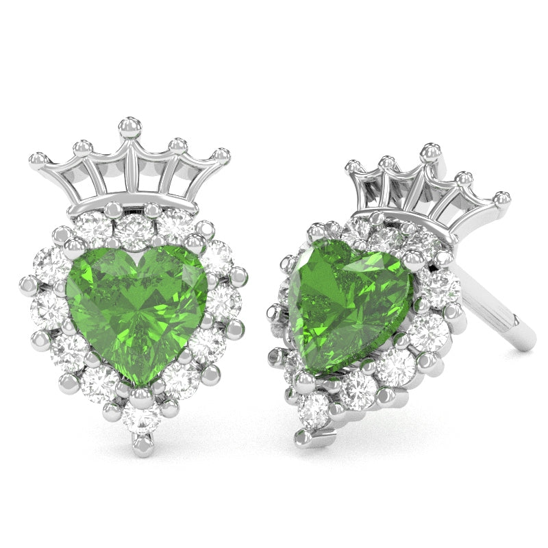 Peridot Diamond Claddagh Motive Stud Earrings in 14k White Gold