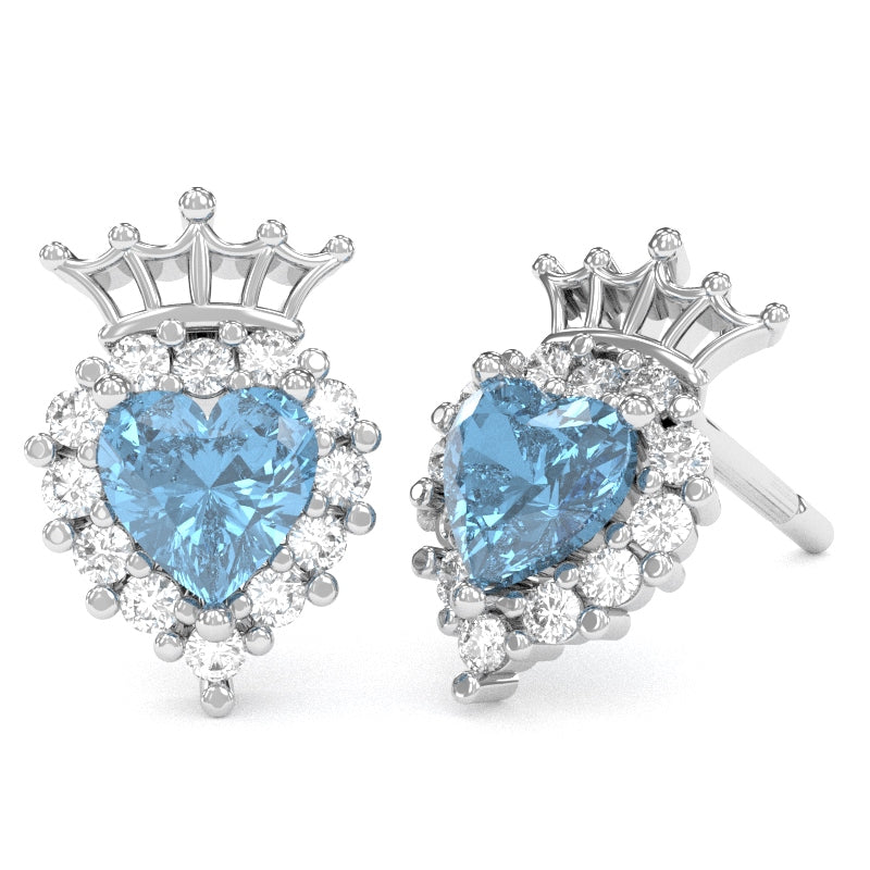 Blue Topaz Diamond Claddagh Motive Stud Earrings in 14k White Gold