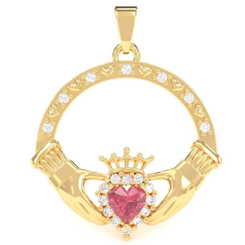 Lab-Created Pink Sapphire Diamond Claddagh  Pendant in 14k Yellow Gold