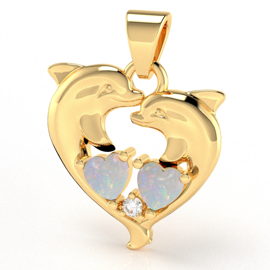 Opal Diamond Dolphin 2 Heart Birthstone  Pendant in 14k Yellow Gold