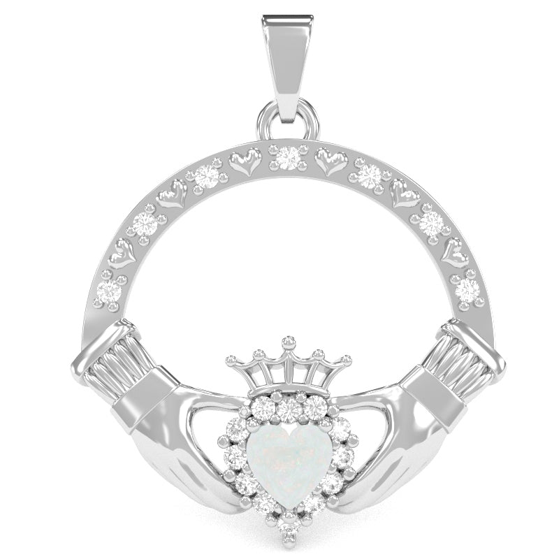 Opal Diamond Claddagh  Pendant in 14k White Gold