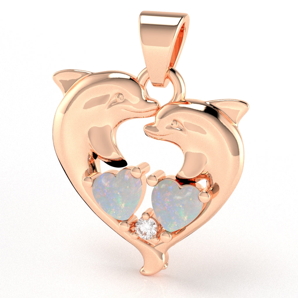 Opal Diamond Dolphin 2 Heart Birthstone  Pendant in 10k Rose Gold