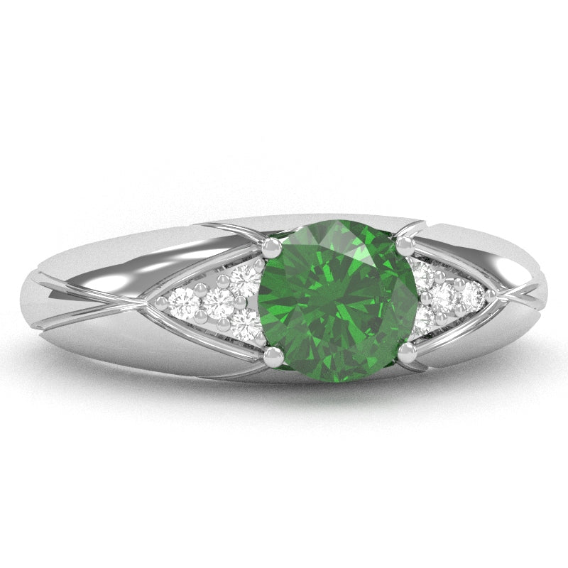 Designer Lab-Created Emerald Diamond Cocktail Ring In Solid 14k White Gold