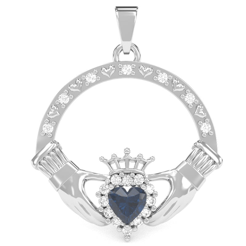 Lab-Created Sapphire Diamond Claddagh  Pendant in 14k White Gold
