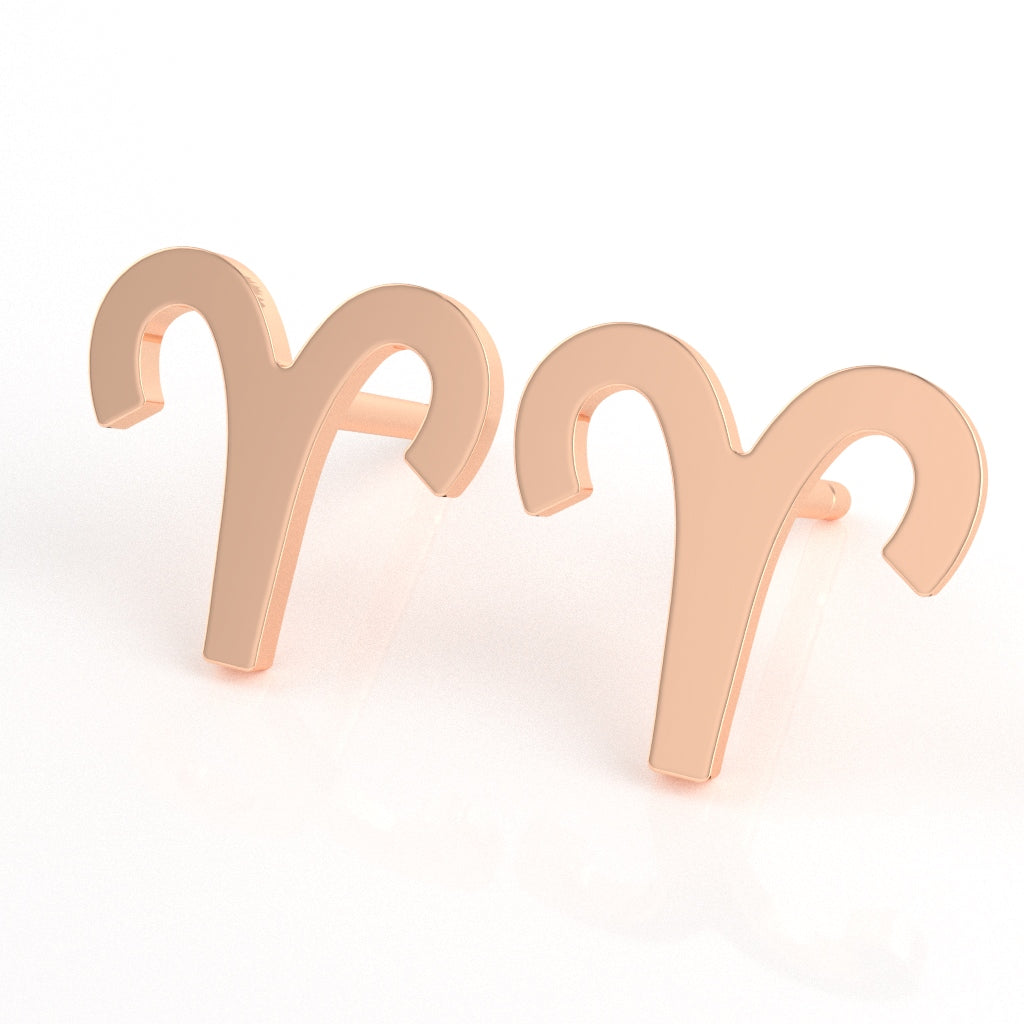 Aries Zodiac Sign Stud Earrings In Solid 14K Rose Gold