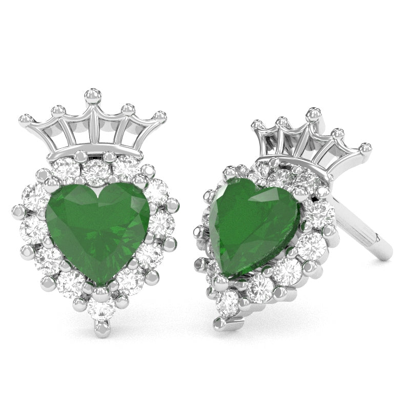 Emerald Diamond Claddagh Motive Stud Earrings in 14k White Gold