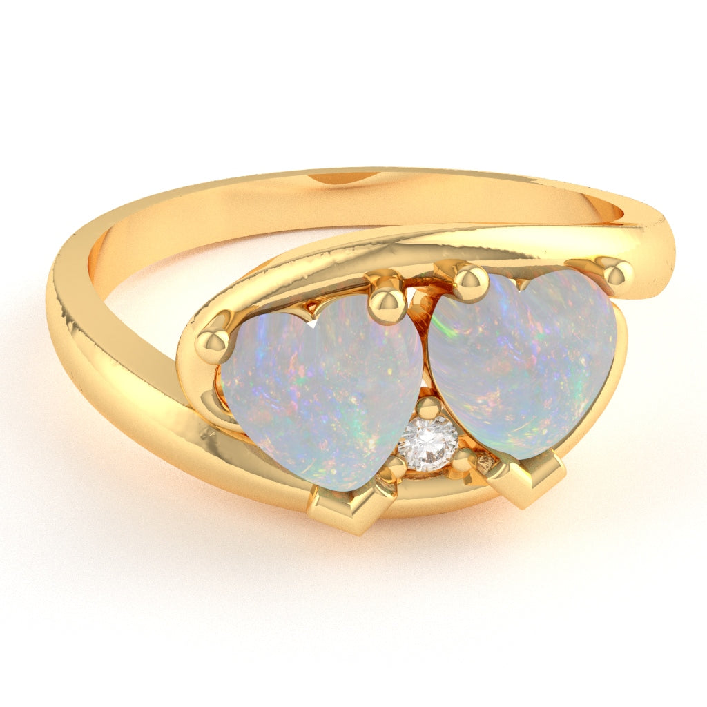 2 Hearts In Love Opal Diamond Promise Ring In 14k Yellow Gold