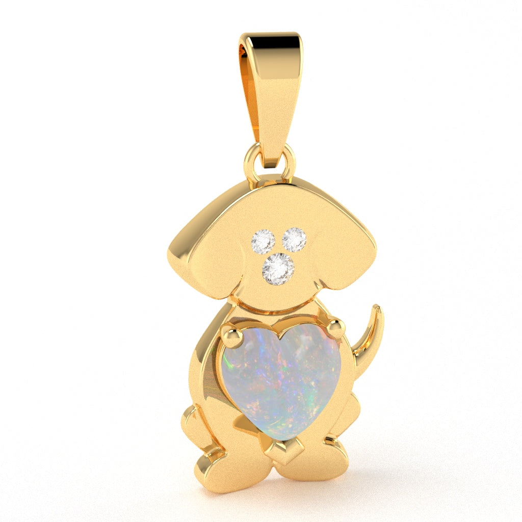 Opal Diamond  Puppy Love Heart Pendant In 14k Yellow Gold