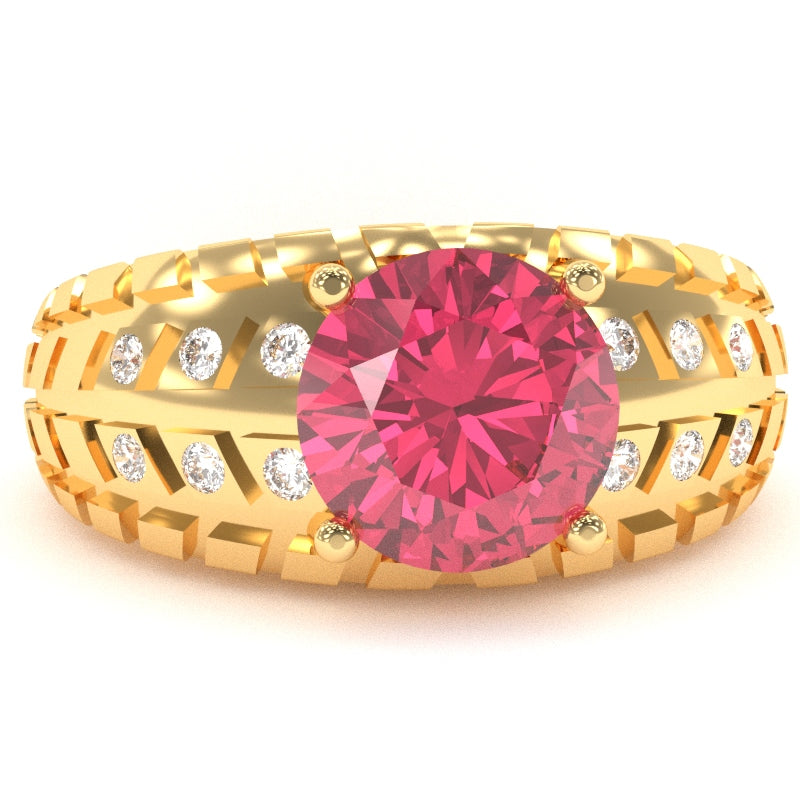 Men's Tire Tread Pink Tourmaline Diamond Ring In Solid 14k Yellow Gold