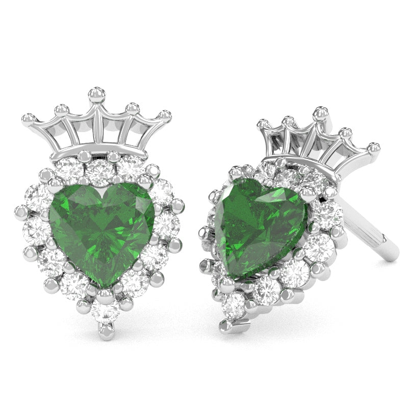 Lab-Created Emerald Diamond Claddagh Motive Stud Earrings in 14k White Gold