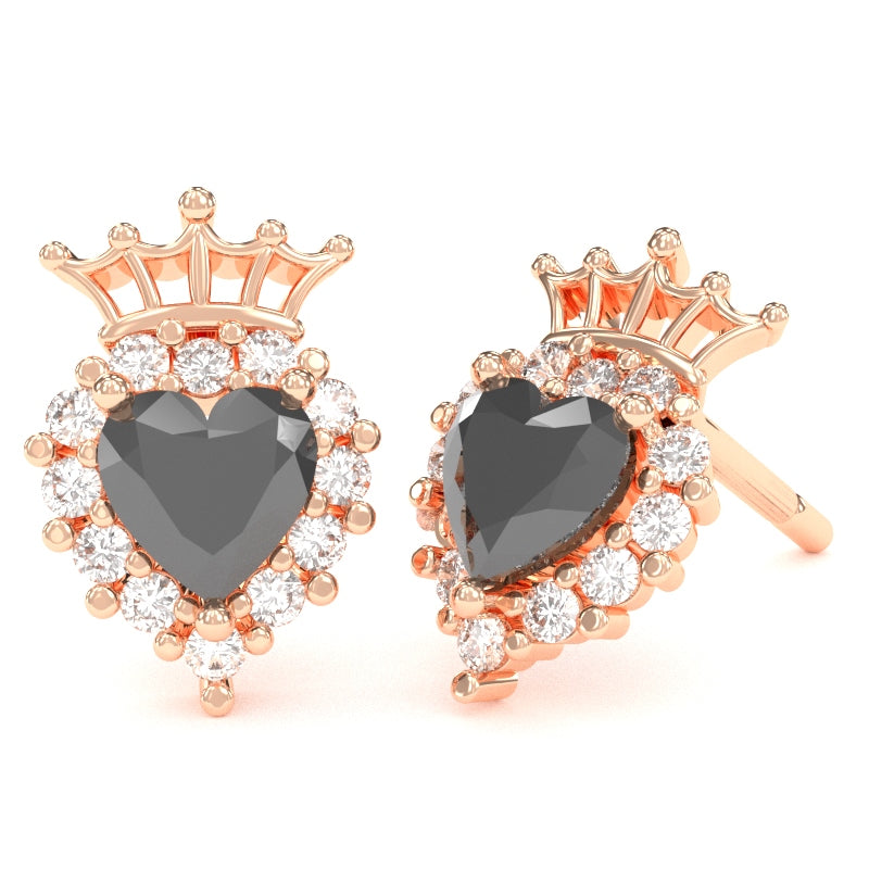 Black Onyx Diamond Claddagh Motive Stud Earrings in 14k Rose Gold