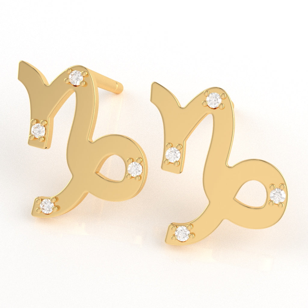 Capricorn Zodiac Sign Diamond Stud Earrings In Solid 14k Yellow Gold