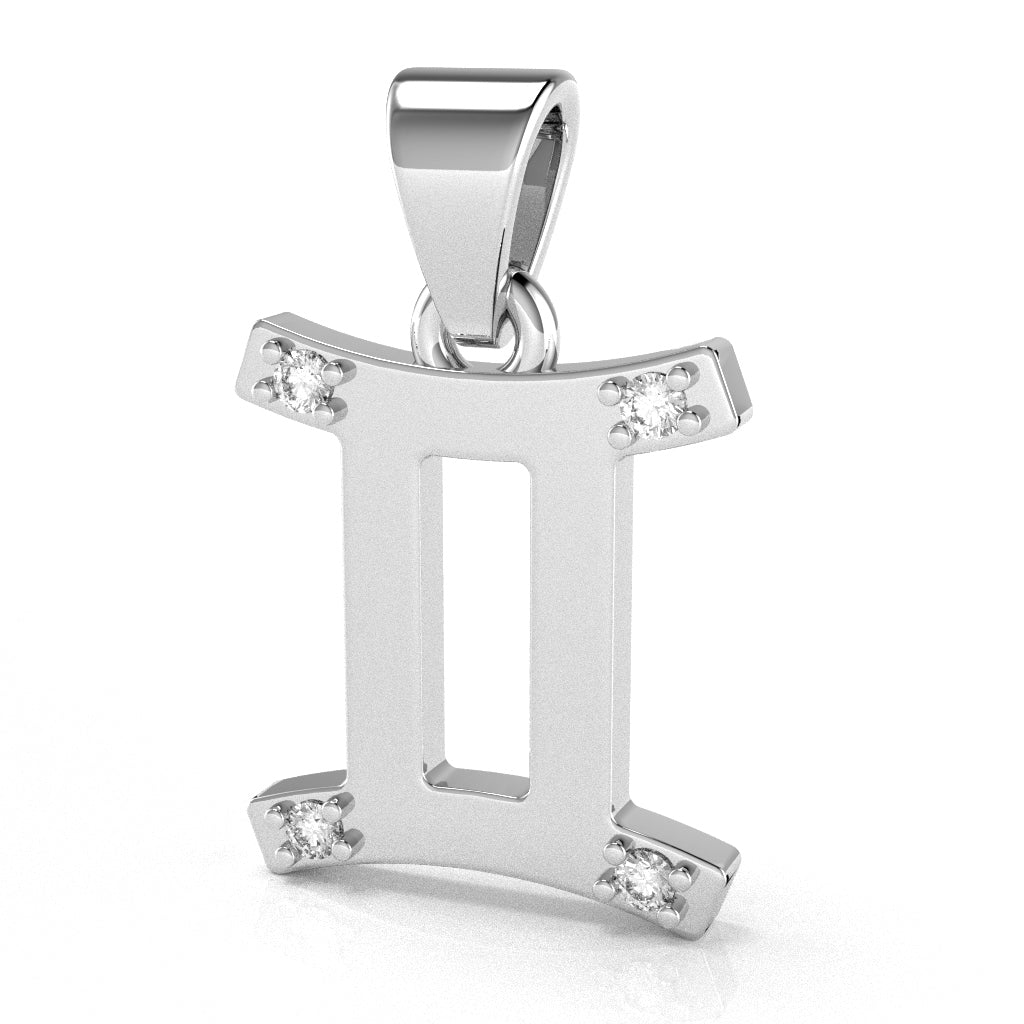 Gemini Zodiac Sign Diamond Pendant In Solid 14k White Gold