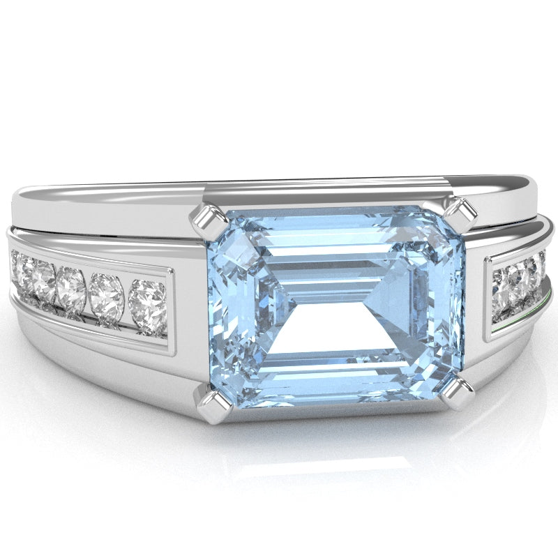 Men's Aquamarine Diamond Channel Ring In Solid 10k White Gold