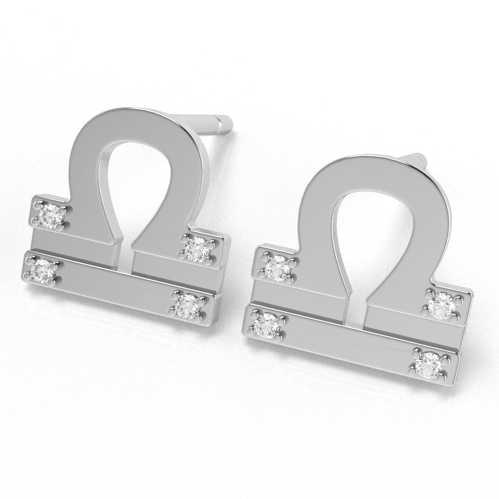 Libra Zodiac Sign Diamond Stud Earrings In Solid 14k White Gold