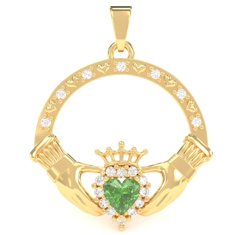 Peridot Diamond Claddagh  Pendant in 14k Yellow Gold