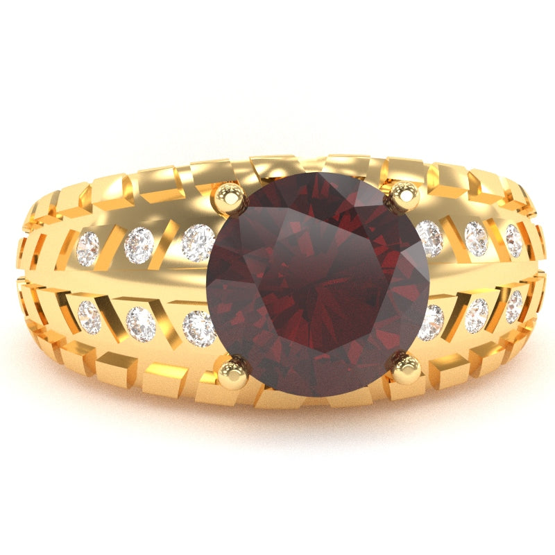 Men's Tire Tread Garnet Diamond Ring In Solid 14k Yellow Gold