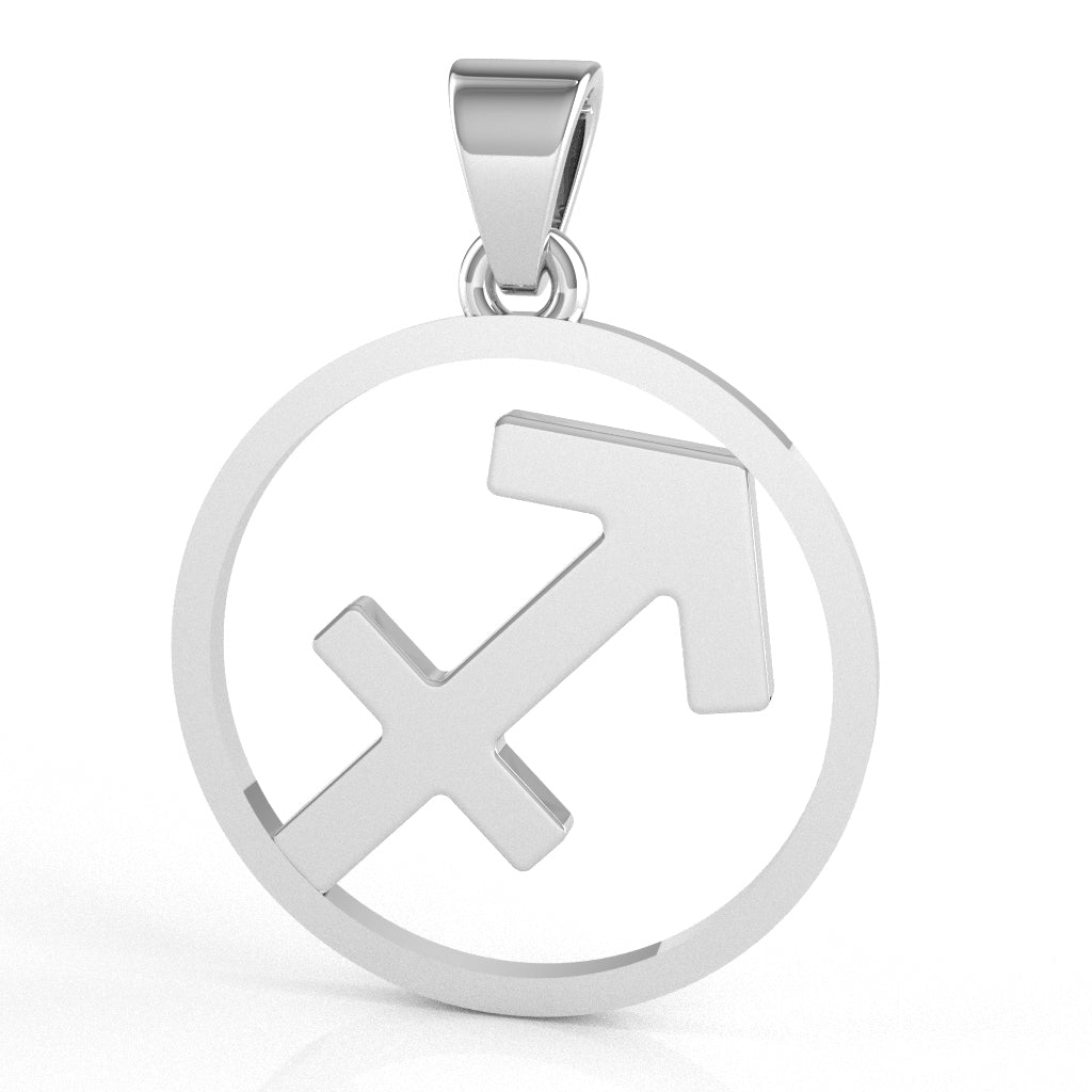 Sagittarius Zodiac Sign Round Bezel Pendant In Solid 10K White Gold