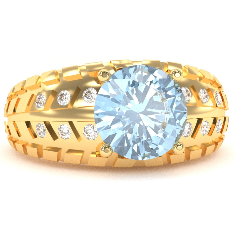 Men's Tire Tread Aquamarine Diamond Ring In Solid 14k Yellow Gold
