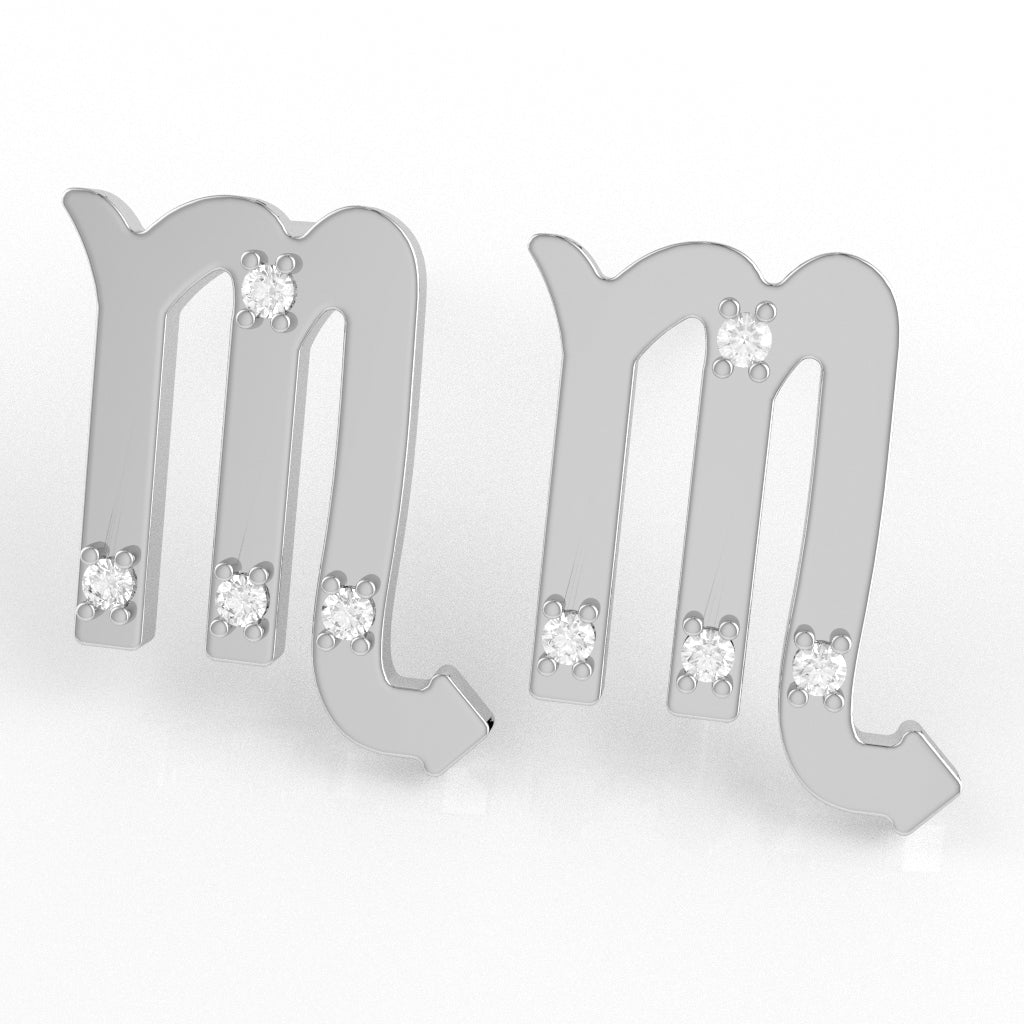 Scorpio Zodiac Sign Diamond Stud Earrings In Solid 14k White Gold