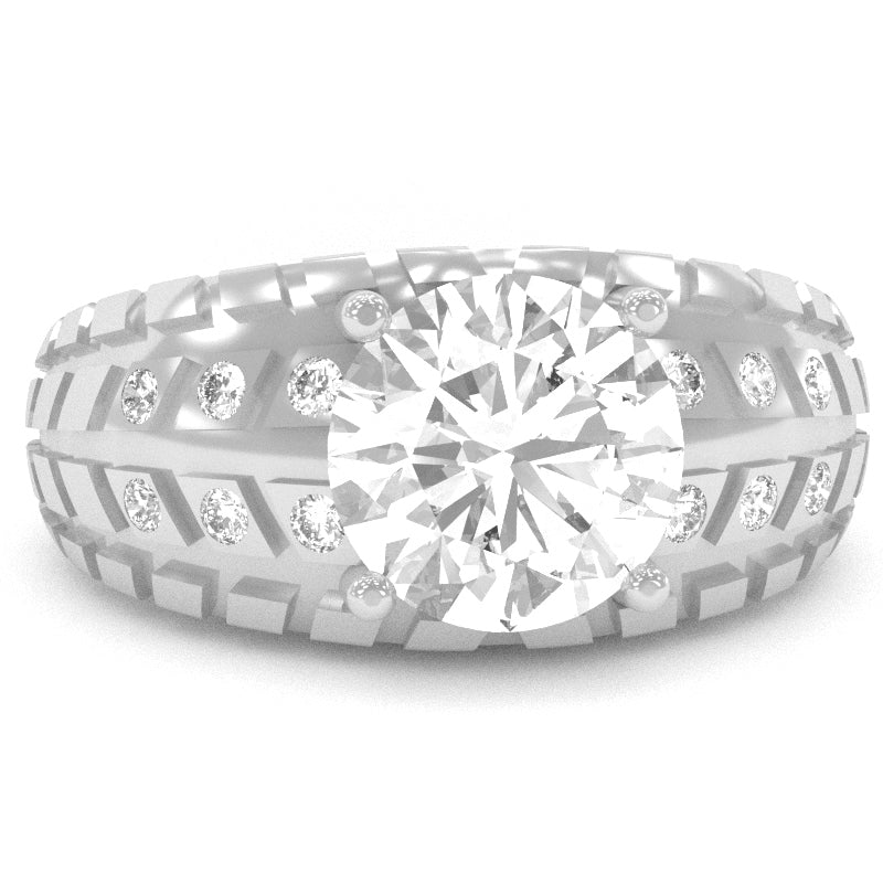 Men's Tire Tread White Topaz Diamond   Ring In Solid 14k White Gold