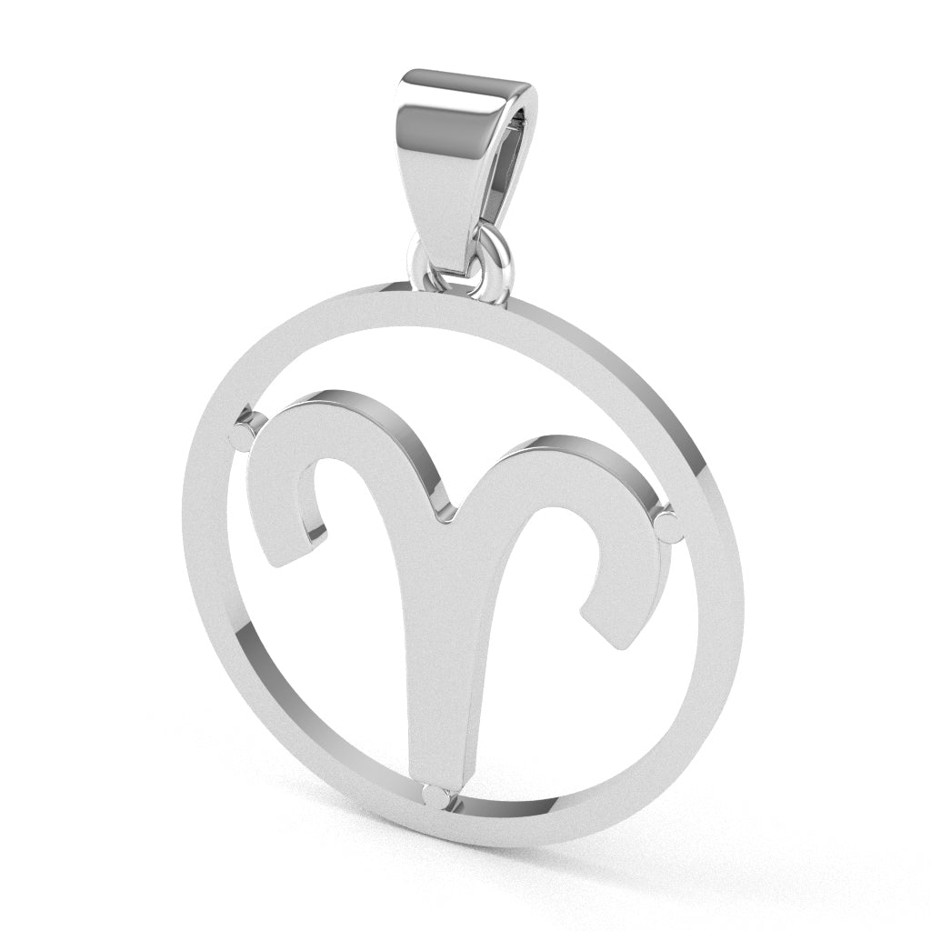 Aries Zodiac Sign Round Bezel Pendant In Solid 10K White Gold