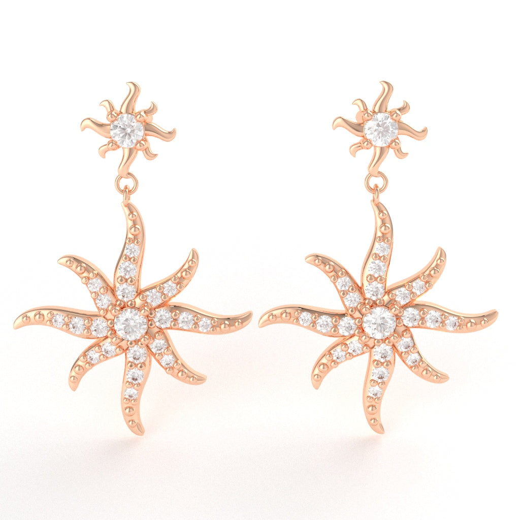 Starburst Sun Diamond Encrusted Earrings in Solid 14k Rose Gold