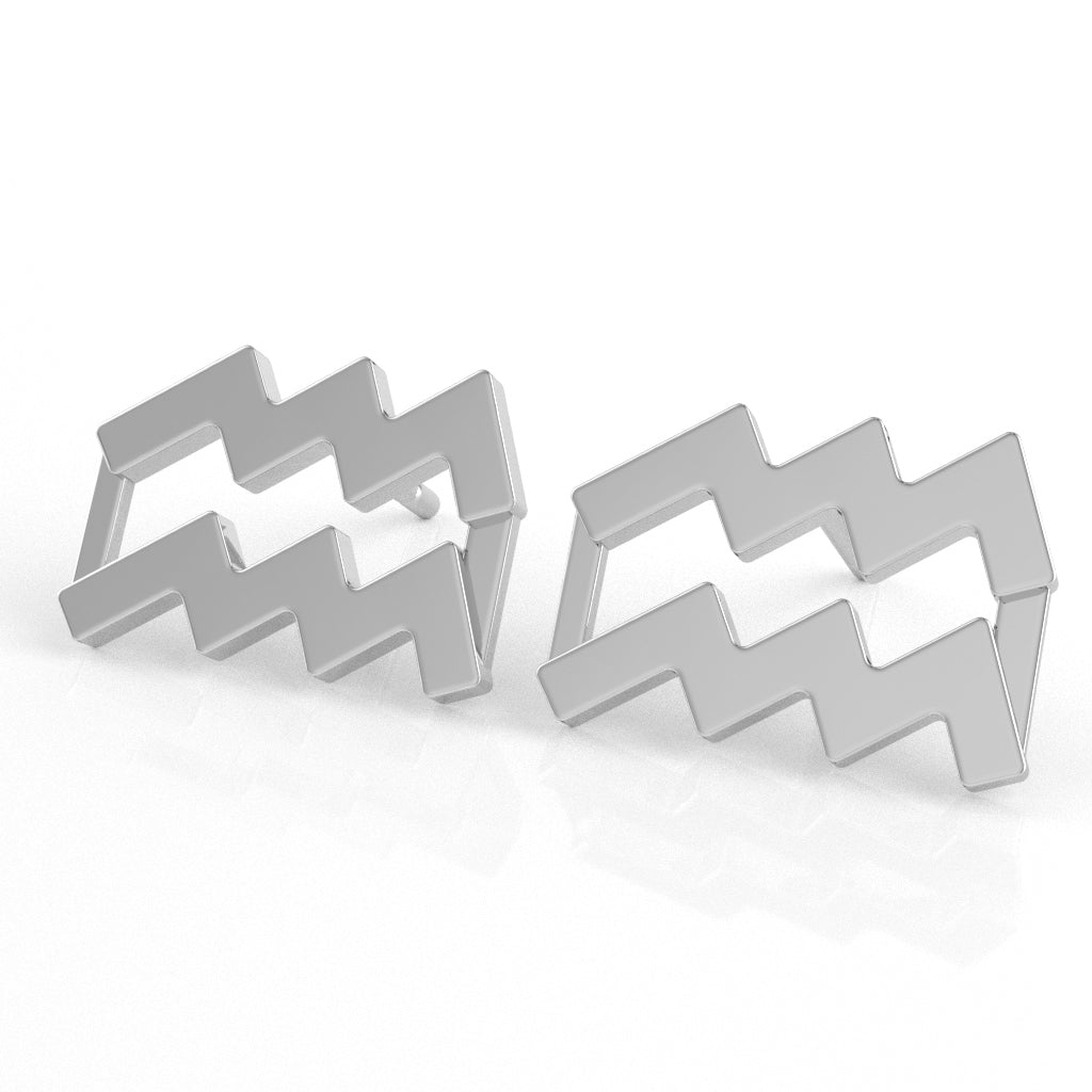 Aquarius Zodiac Sign Stud Earrings In Solid 10K White Gold