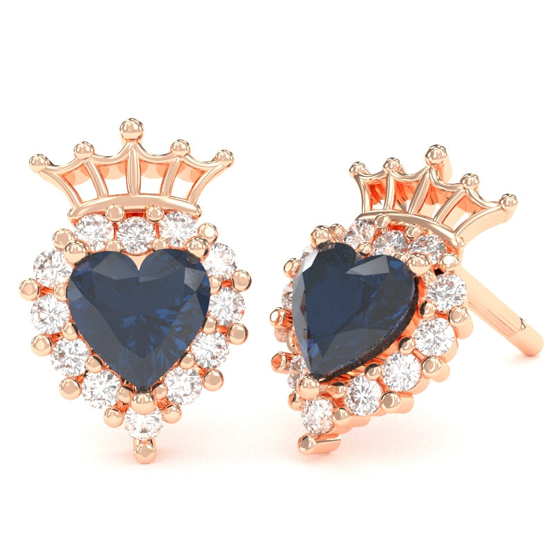 Lab-Created Sapphire Diamond Claddagh Motive Stud Earrings in 14k Rose Gold