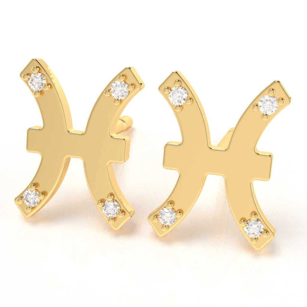 Pisces Zodiac Sign Diamond Stud Earrings In Solid 10K Yellow Gold